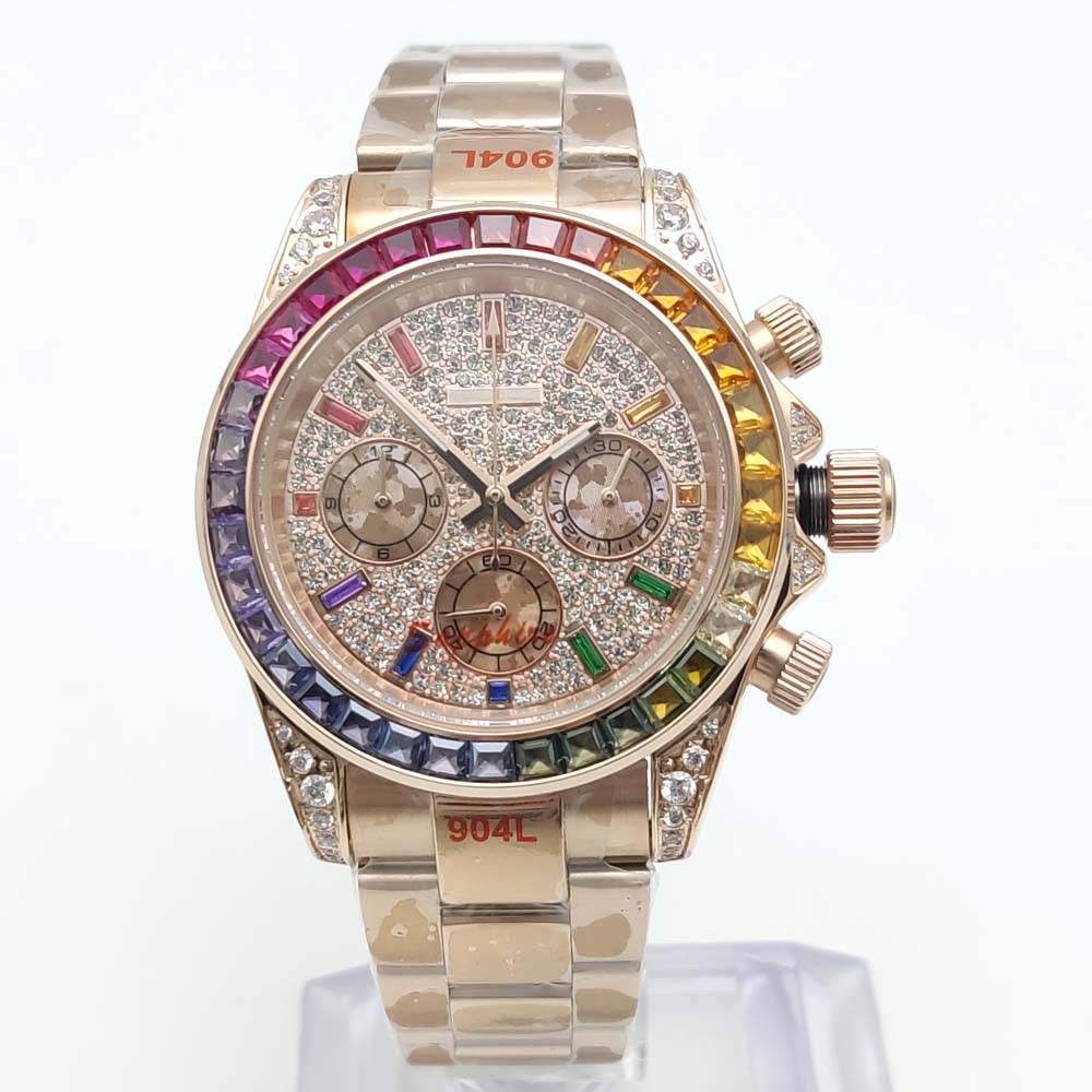 Chronograph Flyback Watch - 40mm Colorful Diamond Gem Luxury Men's